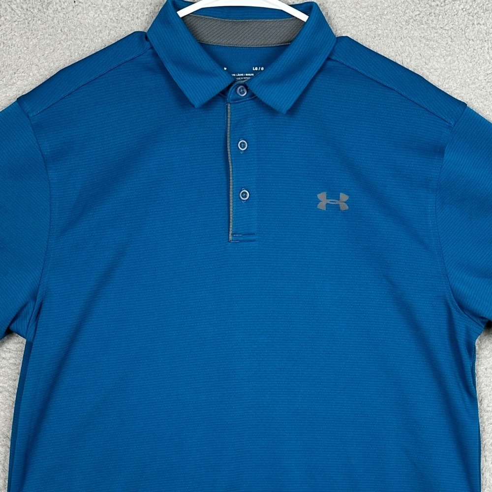 Under Armour Polo Shirt Mens Large HeatGear Loose Fit Blue Stripes Golf Rugby